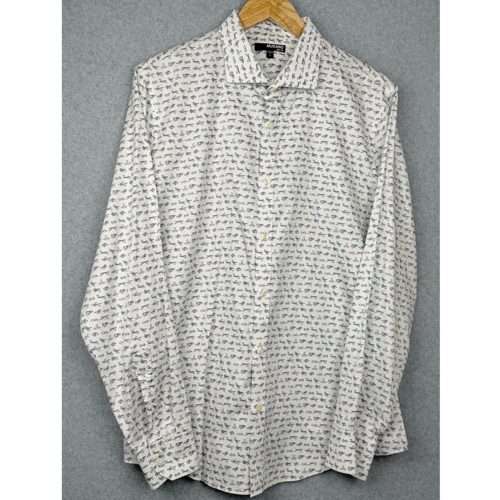 Murano Shirt Mens L White Bow Tie Print Slim Fit Button-Down